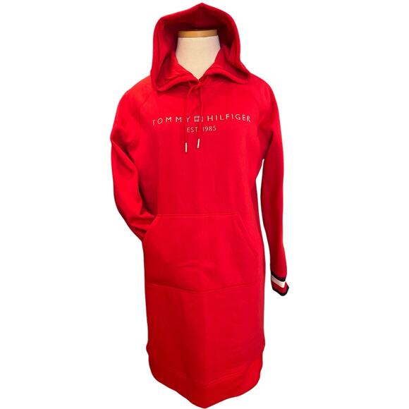Tommy Hilfiger Logo Hoodie Sweatshirt Dress Size M Red Cozy Streetwear Comfort - Picture 1 of 11